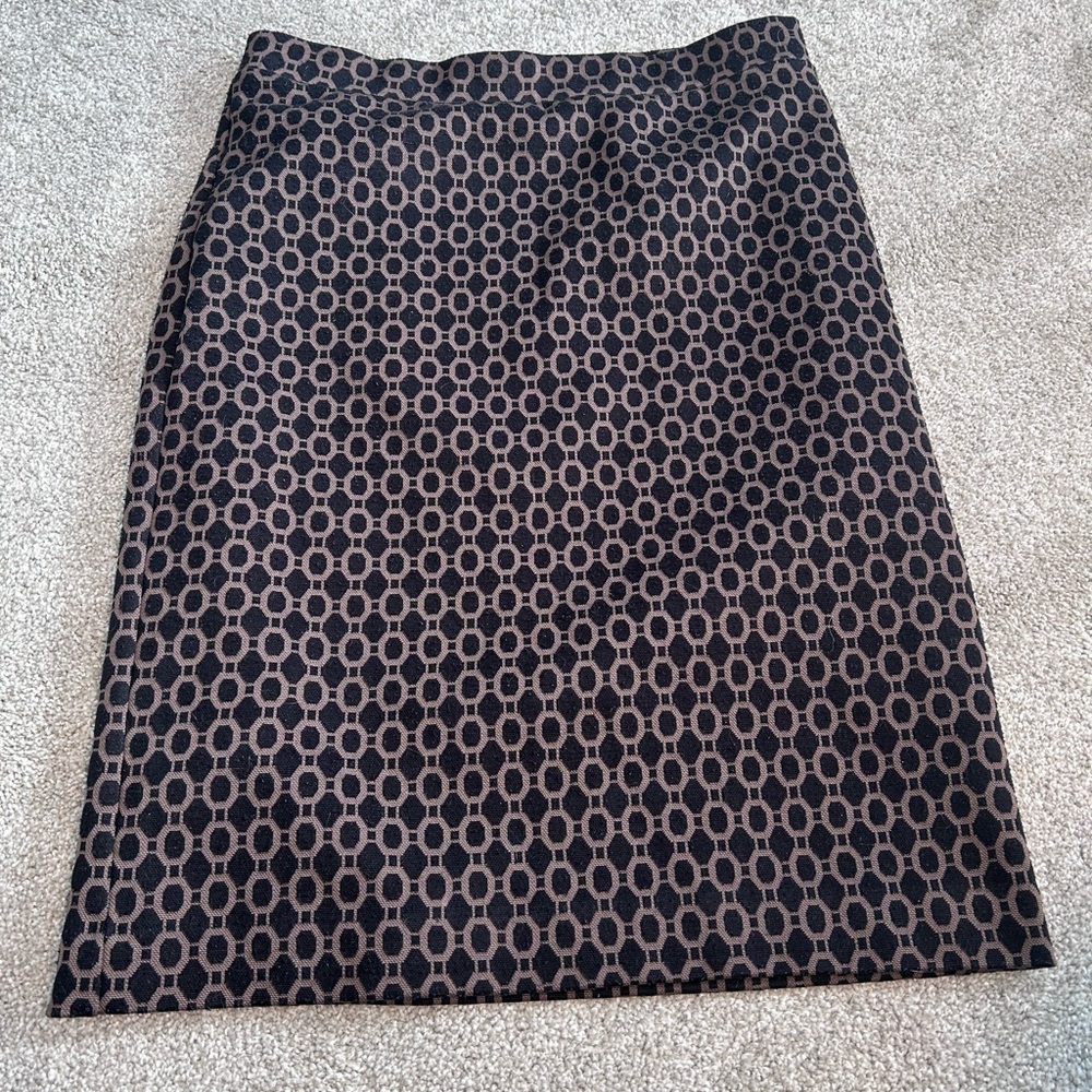 Lyse Spenard Geometric Print Pencil Skirt Black Brown Stretch Career Office Chic
